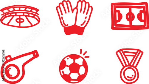 Collection of six stylized red line art icons representing various essential elements of soccer football including a stadium gloves field whistle ball and medal design concepts