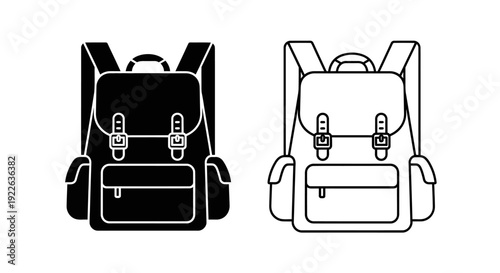 Black and white backpacks, school bags, travel backpacks, hiking gear, outdoor equipment Vector