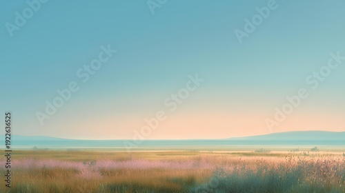 Morning Vista: A panoramic view of a tranquil grassland bathed in the soft hues of dawn. Undulating fields, and subtle mountain silhouettes create a serene landscape