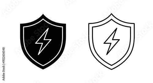 Black and white shield with lightning bolt symbol, vector illustration, logo design Vector