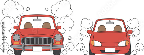 A simple illustration showing two cars with smoke coming from their exhaust pipes against a white background.