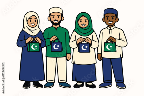 muslim people holding shopping bags with crescent moon