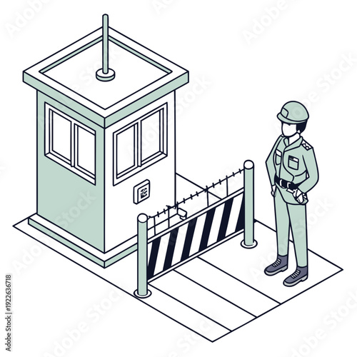 Isometric Guard Post with Soldier and Barrier, Military Checkpoint or Security Booth Illustration, Access Control and Border Protection Concept