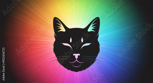 Black cat face with closed eyes on a vibrant rainbow background conveying relaxation and serenity in a graphic illustration