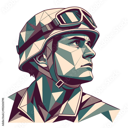Modern geometric polygonal illustration of a soldier's head and shoulders, looking to the side with determination.