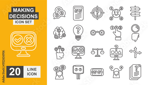 Making decisions icon set. Choice, option, planning, strategy, arrow, direction and more line icon.
