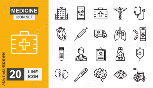 Medicine icon set. Hospital, ambulance, doctor, healthcare, emergency, medical, nurse and more line icon.
