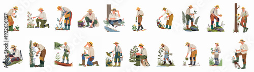 People engaged in outdoor botanical activities: gardening, foraging, plant study, and nature exploration.