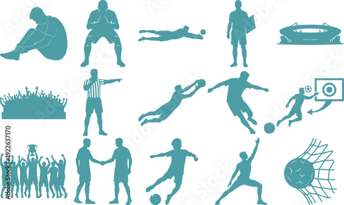 Teal silhouettes of soccer players actions and stadium