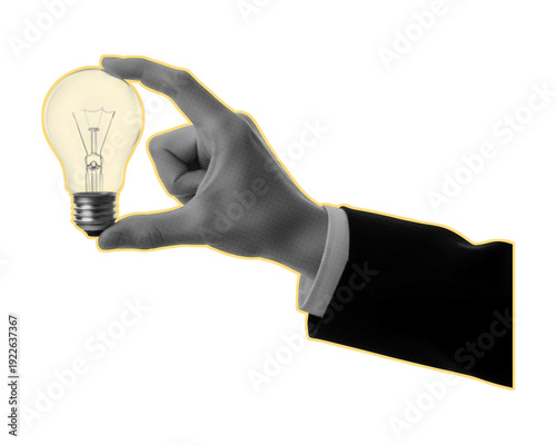 Hand holding light bulb halftone collage. Ideas trendy retro halftone collage element isolated on transparent background.