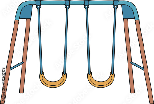 A simple illustration of a children's swing set on a white background.