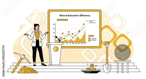 Woman presenting mining efficiency data on a large screen with gold mining tools.