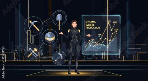 Woman presenting gold production data with mining tools.