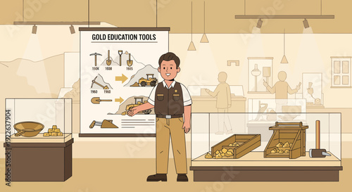 A male museum guide in a brown vest and khaki pants standing with a microphone ready to educate visitors.