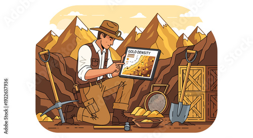 Adventurous prospector examining a digital map for gold discovery.