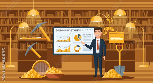 Businessman presenting gold mining statistics and financial data.