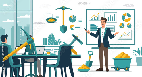 Businessman presenting data mining concepts in an office setting.