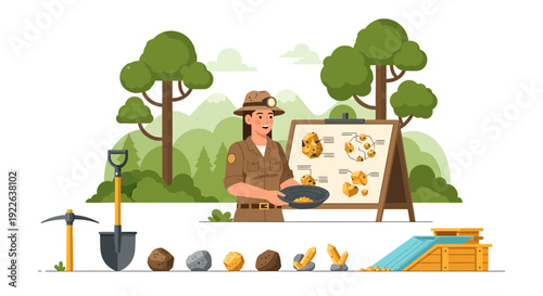 Female geologist teaching about minerals and mining with tools.