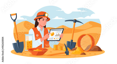 Female gold prospector analyzing data on tablet.
