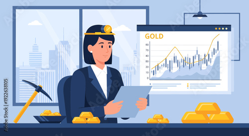 Female gold miner analyzing market trends and gold prices.