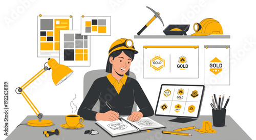 Female graphic designer creating a gold mining themed logo.