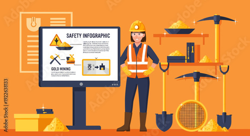 Female Miner with Safety Infographic and Mining Tools.