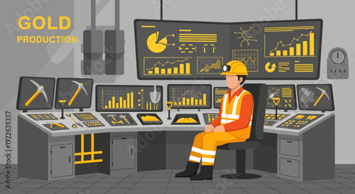 Gold Production Control Room with Mining Engineer Monitoring Operations.