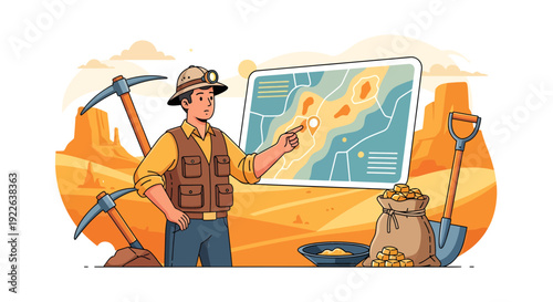 Gold prospector analyzing a treasure map for mining locations.