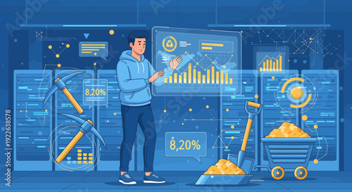 Man analyzing data on a large screen with mining tools.