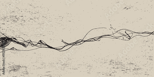 Abstract irregular line illustration on old paper. Grain texture and worn paper.
