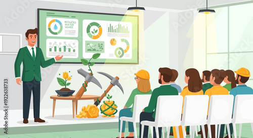 Man presenting mining and environmental data to an audience.