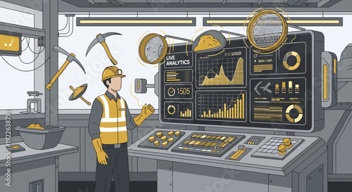 Miner in hard hat and safety vest analyzing data on a large control panel with graphs and charts.