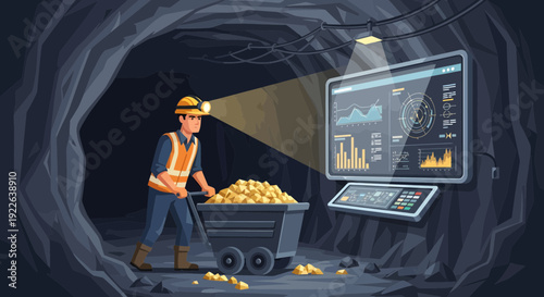 Miner pushing a cart full of gold next to a computer with financial charts.