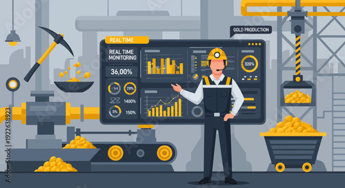 Mining Engineer Presenting Gold Production Data on a Large Screen.