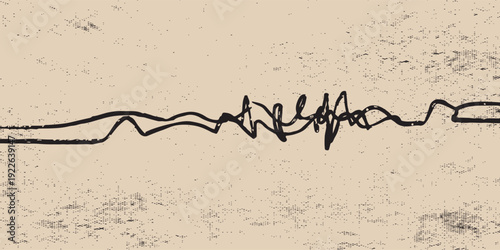 Abstract irregular line illustration on old paper. Grain texture and worn paper.