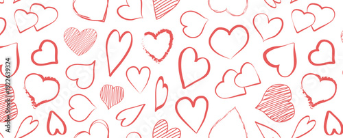 Heart seamless pattern, love doodle background. Simple cute pink heart shape texture for Valentines Day. Romantic hearts line hand drawn holiday bg. Decoration vector illustration