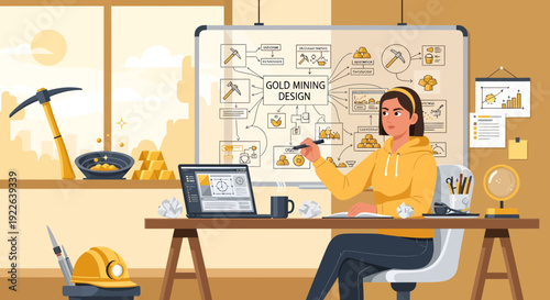 Woman explaining gold mining design concepts.
