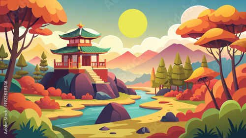 Serene evening in a mystical eastern landscape with floating pagoda