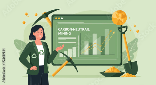 Woman presenting carbon neutral mining data on a large screen.