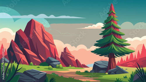 Vibrant sunset over rolling hills and mysterious mountain peaks