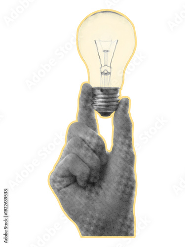 Hand holding light bulb halftone collage. Ideas trendy retro halftone collage element isolated on transparent background.