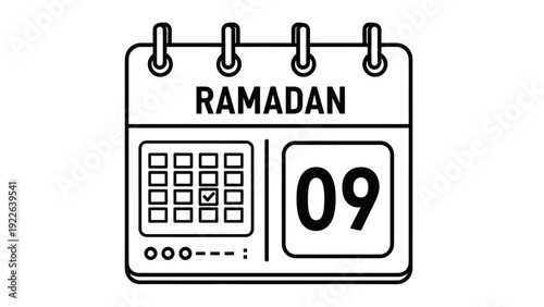 Calendar page illustrating the ninth day of Ramadan in a simple line art style