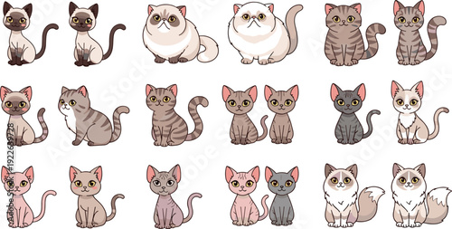 Cute Cartoon Cat Characters Mega Collection with Various Domestic Breeds in Sitting Poses Isolated on White Background