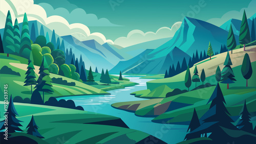 Serene mountain landscape with clear river and sky