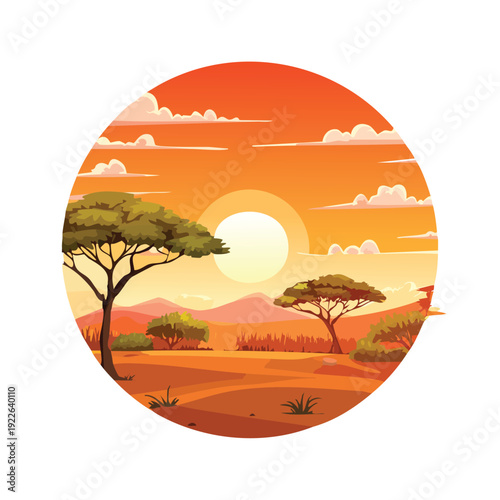 Cartoon landscape with sunset over savanna illustration