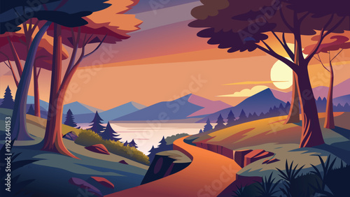 Serene forest path leading to a tranquil sunset over calm waters