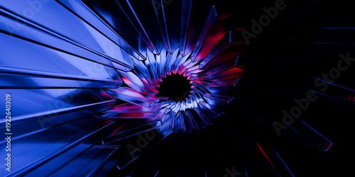 Cyber futuristic transparent glass plane elements and liquid acrylic red purple blue glow on black backdrop cinematic tech background design cover art visuals 3d rendering