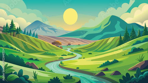 Serene mountain valley with a radiant sunset sky and flowing river