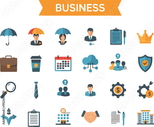 Business icons set, flat design, finance, communication, productivity, teamwork, leadership, office, management, insurance, security, cloud, calendar, handshake, growth chart, illustration