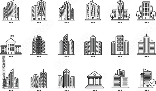 Grayscale building icons collection, modern office towers, residential high-rises, institutional structures, skyscraper silhouettes, urban architecture design set, cityscape illustration, construction
